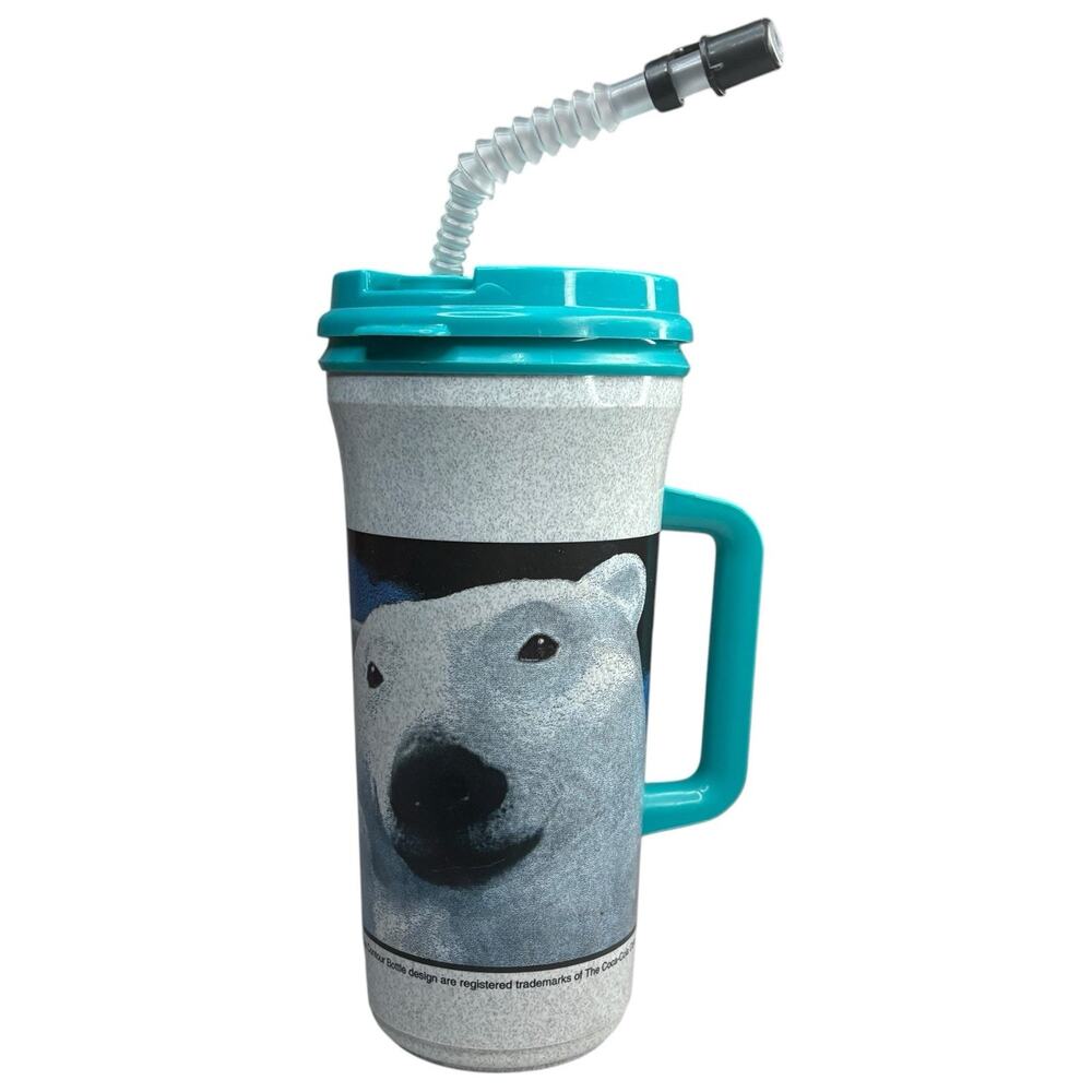 VTG 1993 Coca Cola Coke Polar Bears Blue Whirley Travel Cup Mug W/ Lid & Straw